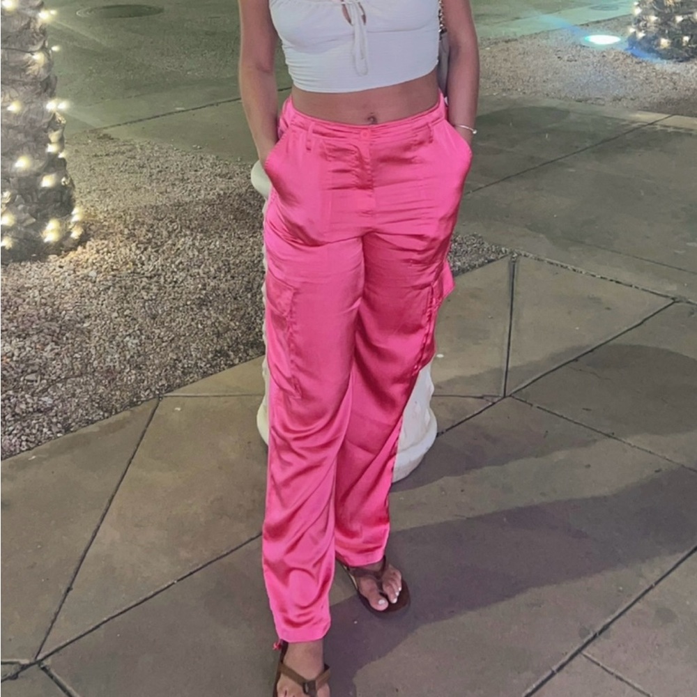 Pink Satin Cargo Pants